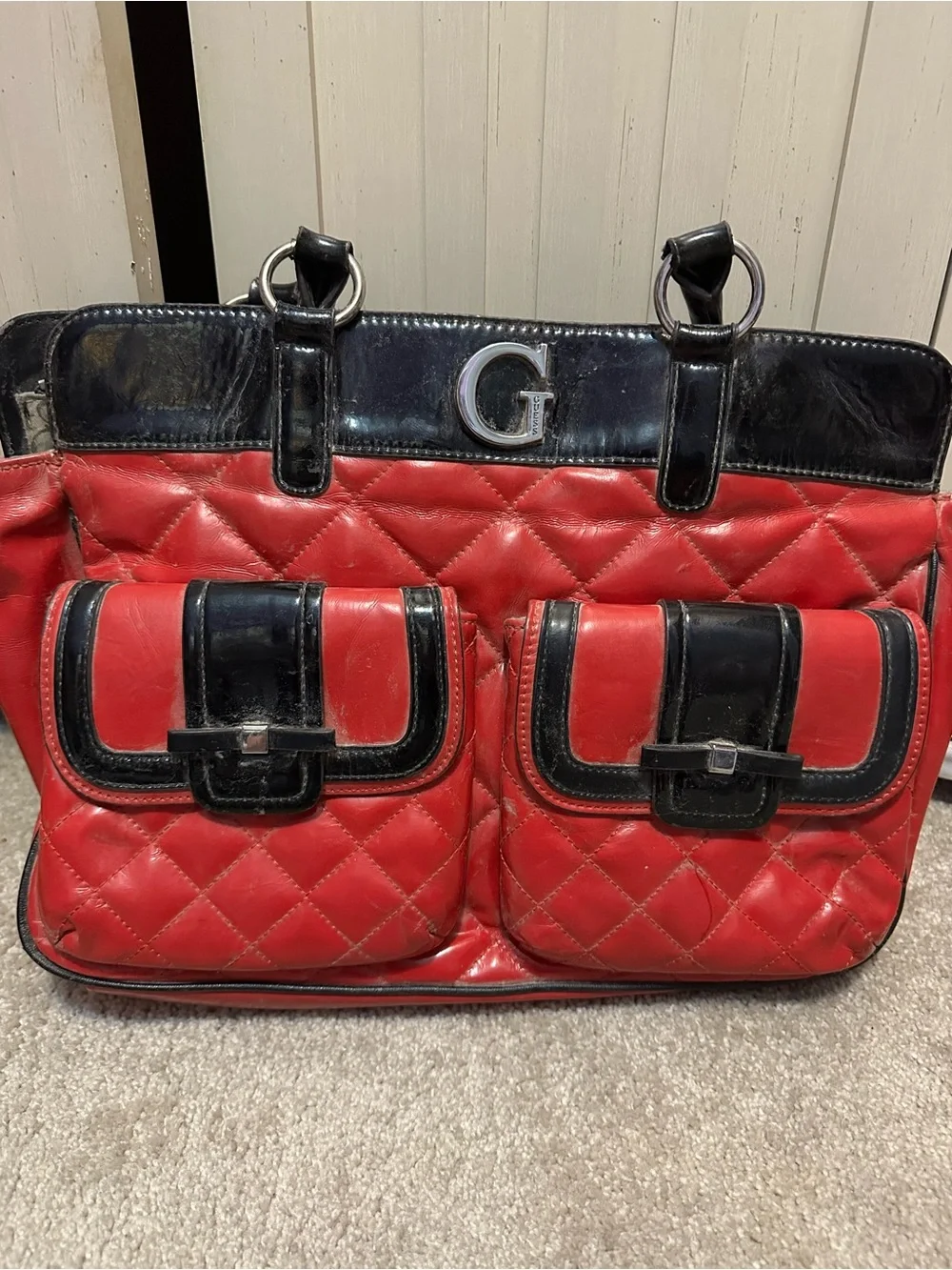 Guess Red and Black Quilted Tote with Dual Front Pockets